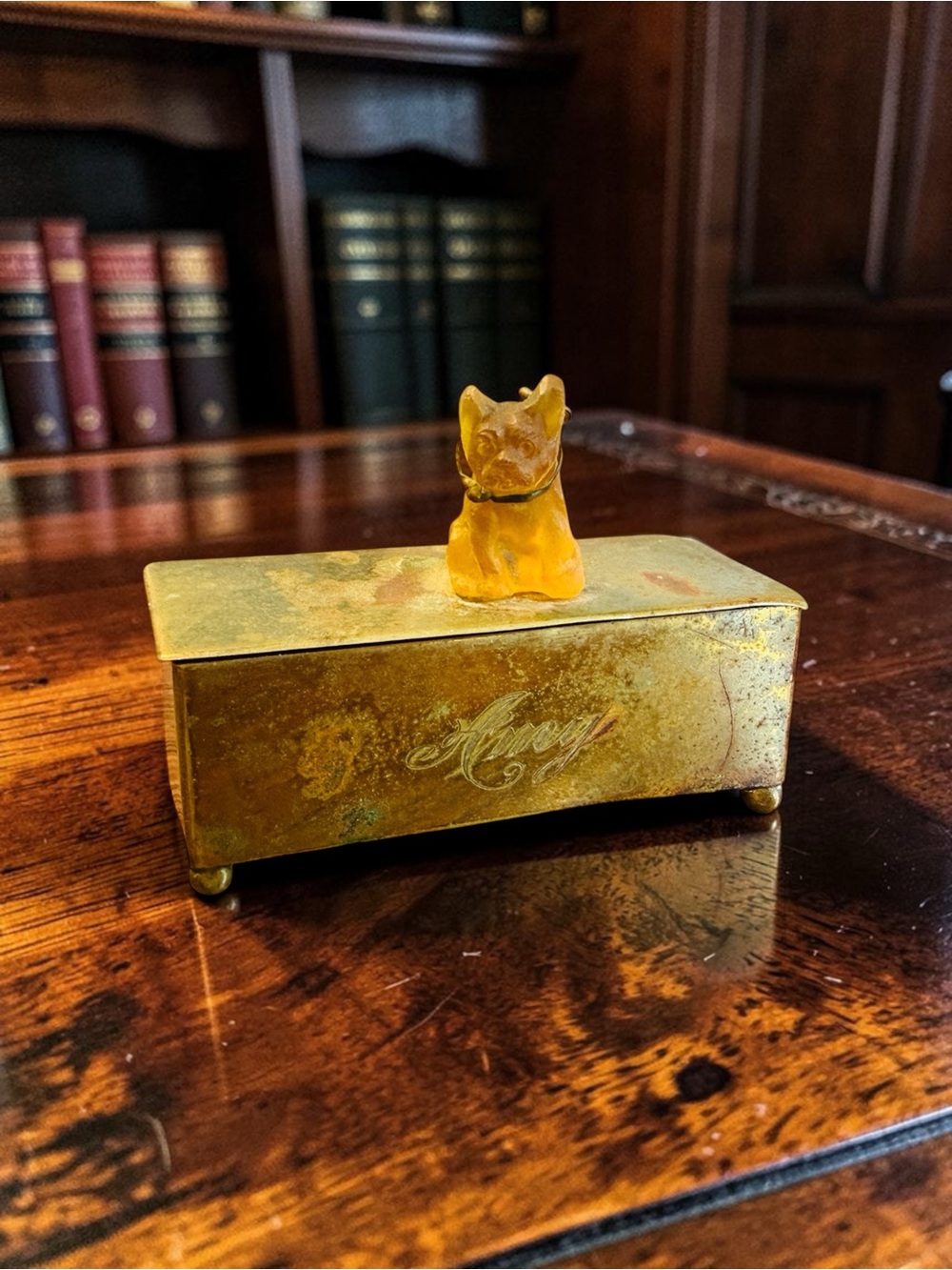 1910 Antique Brass Stamp Box - Amber Czech Glass French Bulldog Lid